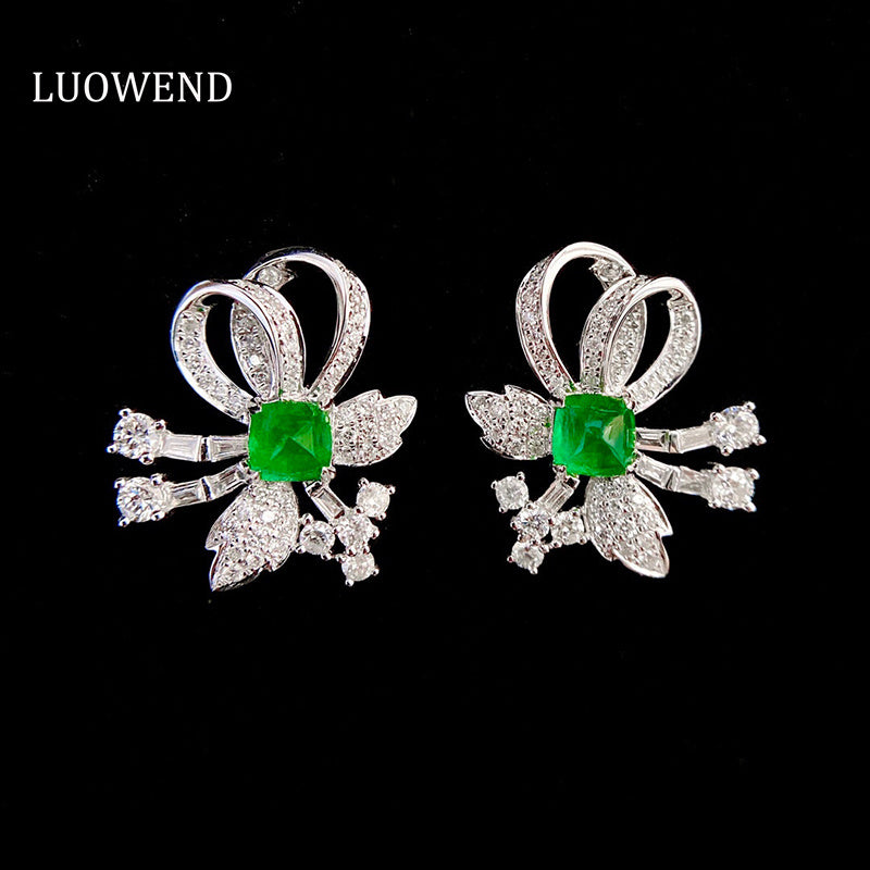 LUOWEND 18K White Gold Real Natural Emerald and Diamond Gemstone Earrings for Women