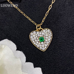 LUOWEND 18K Yellow Gold Real Natural Emerald Gemstone Necklace for Women