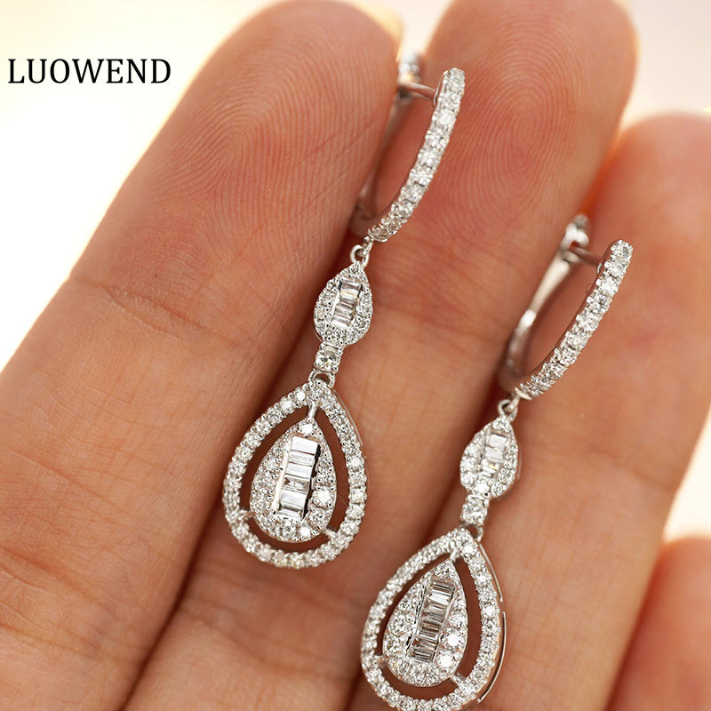 LUOWEND 18K White Gold Real Natural Diamond Drop Earrings for Women