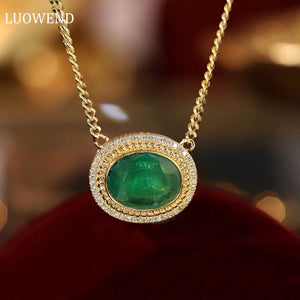 LUOWEND 18K Yellow Gold Natural Emerald Real Diamond Gemstone Necklace for Women