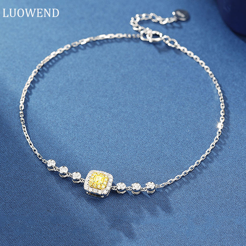 LUOWEND 18K White Gold Real Natural Yellow Diamond Bracelet for Women