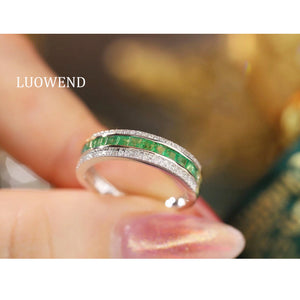 LUOWEND 18K White Gold Real Natural Emerald and Diamond Gemstone Ring for Women