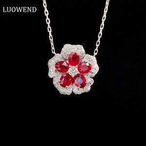 LUOWEND 18K White Gold Real Natural Ruby and Diamond Gemstone Necklace for Women