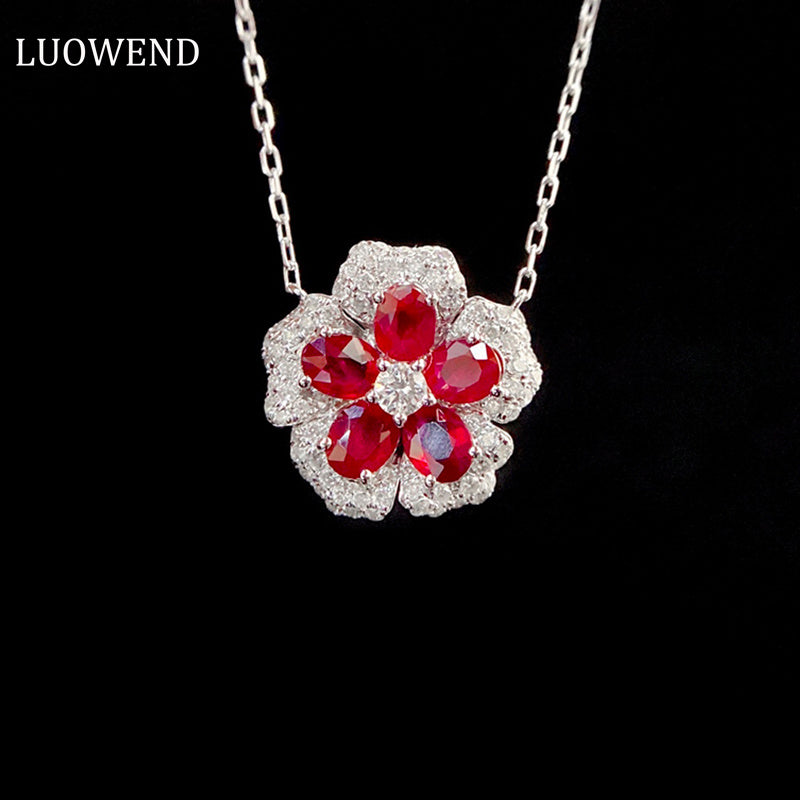 LUOWEND 18K White Gold Real Natural Ruby and Diamond Gemstone Necklace for Women