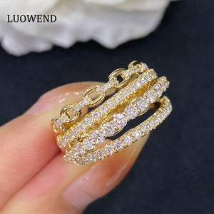 LUOWEND 18K Yellow Gold Real Natural Diamond Ring for Women