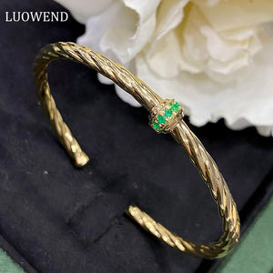 LUOWEND 18K Yellow Gold Real Natural Emerald Gemstone Bracelet for Women