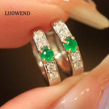 Load image into Gallery viewer, LUOWEND 18K White and Yellow Real Natural Emerald and Diamond Gemstone Earrings for Women
