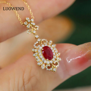 LUOWEND 18K Yellow Gold Real Natural Ruby and Diamond Gemstone Necklace for Women