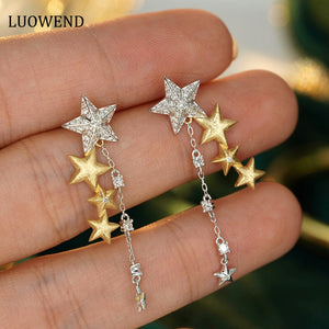 LUOWEND 18K White and Yellow Gold Real Natural Diamond Drop Earrings for Women