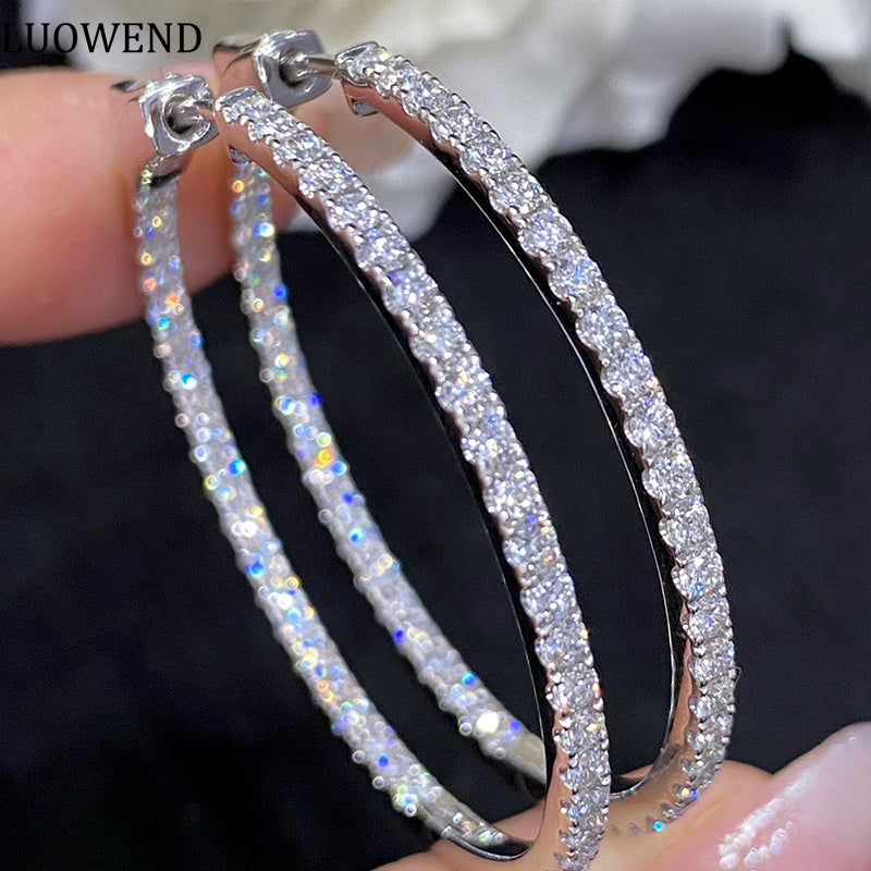 LUOWEND 18K White Gold Real Natural Diamond Hoop Earrings for Women