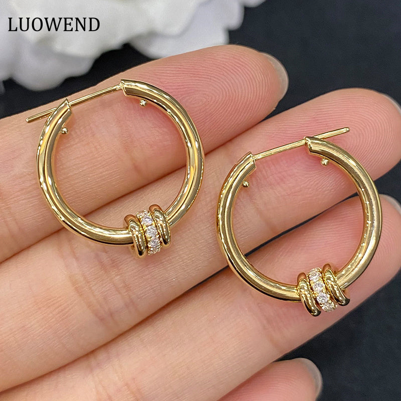 LUOWEND 18K Yellow Gold Real Natural Diamond Hoop Earrings for Women