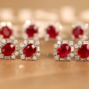 LUOWEND 18K White Gold Real Natural Ruby and Diamond Stud Earrings for Women