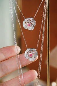 LUOWEND 18K White Gold Natural Pink Diamond Necklace for Women