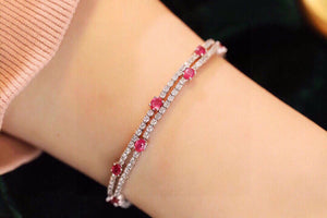 LUOWEND 18K White Gold Real Natural Ruby and Diamond Gemstone Bracelet for Women