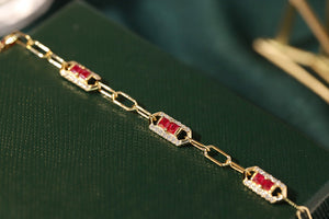 LUOWEND 18K Yellow Gold Real Natural Ruby and Diamond Gemstone Bracelet for Women