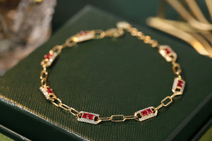 LUOWEND 18K Yellow Gold Real Natural Ruby and Diamond Gemstone Bracelet for Women