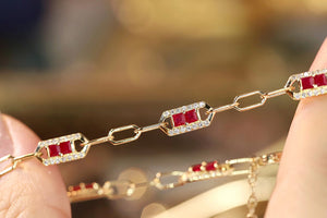 LUOWEND 18K Yellow Gold Real Natural Ruby and Diamond Gemstone Bracelet for Women