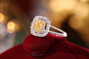 LUOWEND 18K White Gold Real Natural Yellow Diamond Ring for Women