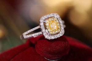 LUOWEND 18K White Gold Real Natural Yellow Diamond Ring for Women