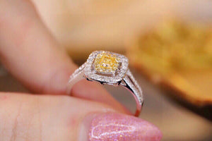 LUOWEND 18K White Gold Real Natural Yellow Diamond Ring for Women