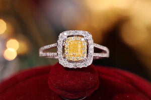 LUOWEND 18K White Gold Real Natural Yellow Diamond Ring for Women