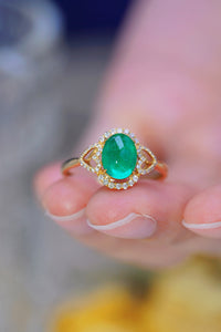 LUOWEND 18K Yellow Gold Real Natural Emerald and Diamond Gemstone Ring for Women