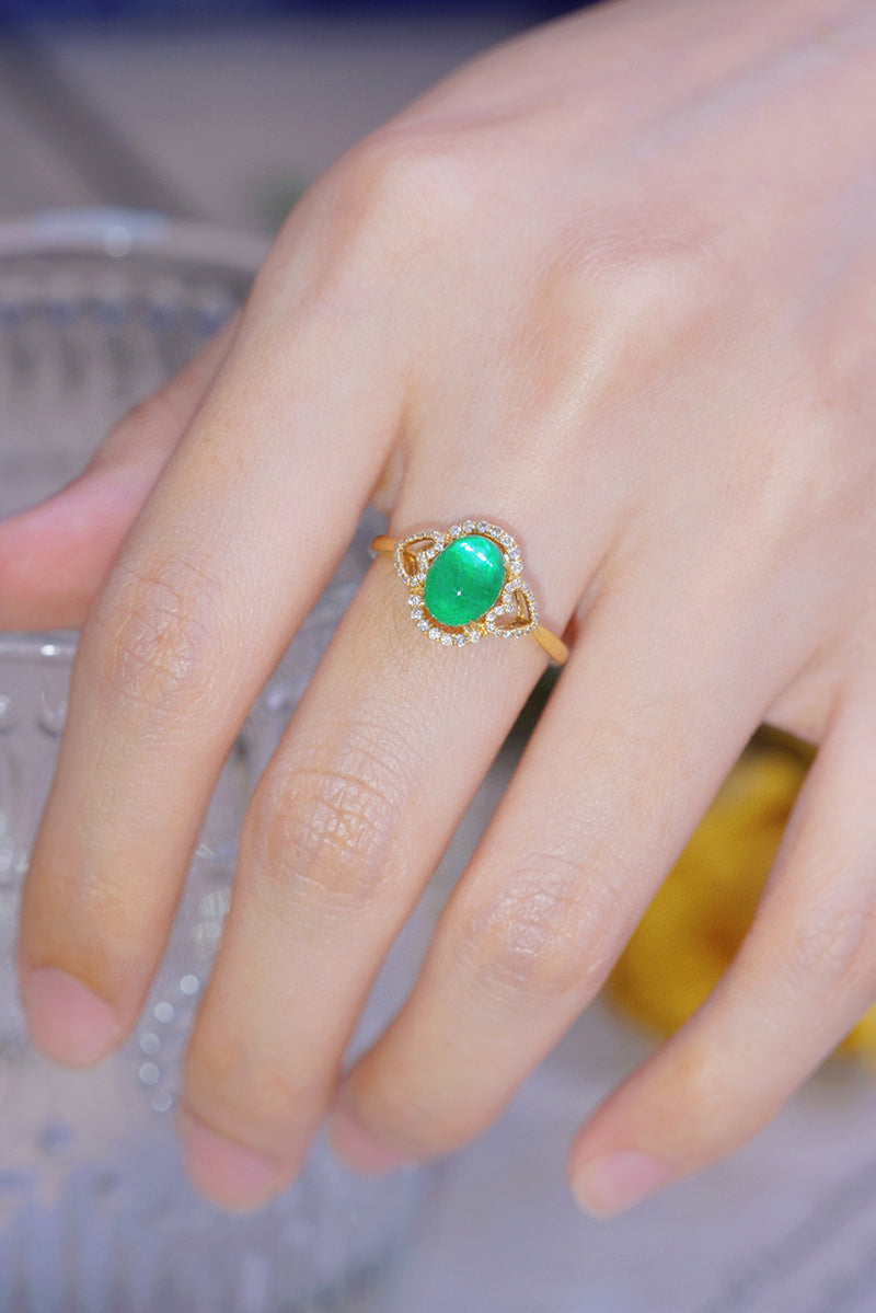 LUOWEND 18K Yellow Gold Real Natural Emerald and Diamond Gemstone Ring for Women