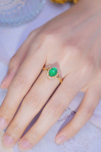 LUOWEND 18K Yellow Gold Real Natural Emerald and Diamond Gemstone Ring for Women