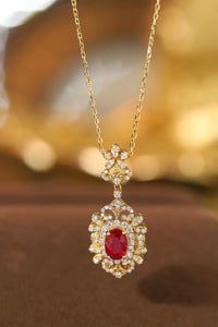 LUOWEND 18K Yellow Gold Real Natural Ruby and Diamond Gemstone Necklace for Women