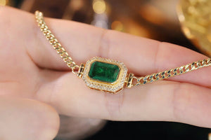 LUOWEND 18K Yellow Gold Real Natural Emerald and Diamond Gemstone Bracelet for Women