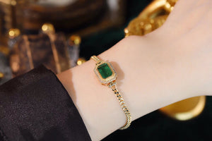 LUOWEND 18K Yellow Gold Real Natural Emerald and Diamond Gemstone Bracelet for Women