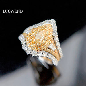 LUOWEND 18K White Gold Real Natural Yellow Diamond Ring for Women