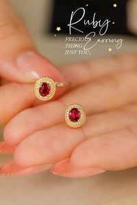 LUOWEND 18K Yellow Gold Real Natural Ruby and Diamond Earrings for Women