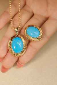 LUOWEND 18K Yellow Gold Real Natural Turquoise Necklace&Ring for Women