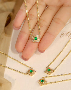 LUOWEND 18K Yellow Gold Real Natural Emerald and Diamond Gemstone Necklace for Women