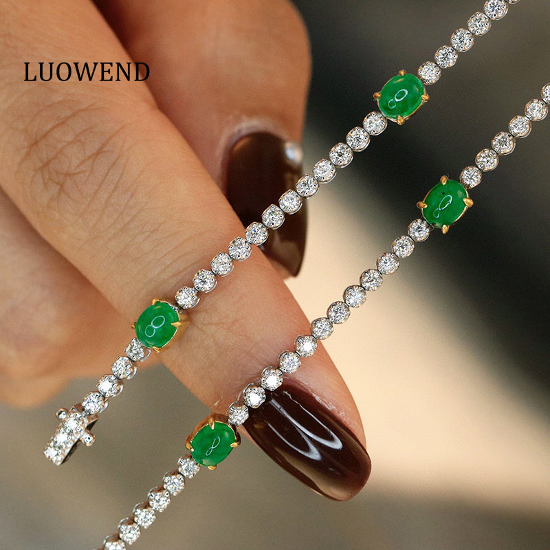 LUOWEND 18K White and Yellow Gold Real Natural Emerald and Diamond Gemstone Bracelet for Women
