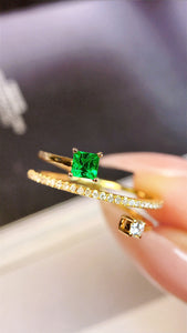 LUOWEND 18K Yellow Gold Real Natural Emerald and Diamond Gemstone Ring  for Women