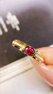 LUOWEND 18K Yellow Gold Real Natural Ruby and Diamond Gemstone Ring for Women