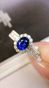 LUOWEND 18K White Gold Real Natural Sapphire and Diamond Gemstone Ring for Women