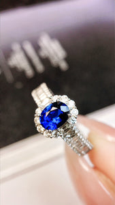 LUOWEND 18K White Gold Real Natural Sapphire and Diamond Gemstone Ring for Women