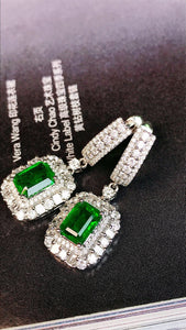 LUOWEND 18K White Gold Real Natural Emerald and Diamond Gemstone Earrings for Women