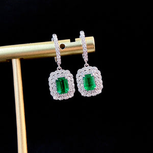 LUOWEND 18K White Gold Real Natural Emerald and Diamond Gemstone Earrings for Women