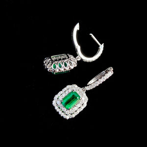 LUOWEND 18K White Gold Real Natural Emerald and Diamond Gemstone Earrings for Women