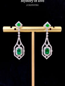 LUOWEND 18K White Gold Real Natural Emerald and Diamond Gemstone Earrings for Women