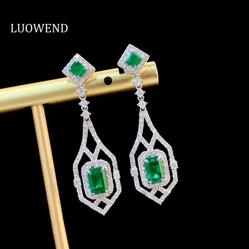 LUOWEND 18K White Gold Real Natural Emerald and Diamond Gemstone Earrings for Women