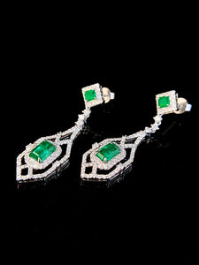 LUOWEND 18K White Gold Real Natural Emerald and Diamond Gemstone Earrings for Women