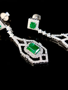 LUOWEND 18K White Gold Real Natural Emerald and Diamond Gemstone Earrings for Women