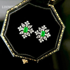 LUOWEND 18K White Gold Real Natural Emerald and Diamond Gemstone Earrings for Women