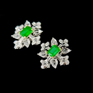 LUOWEND 18K White Gold Real Natural Emerald and Diamond Gemstone Earrings for Women