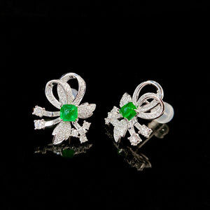 LUOWEND 18K White Gold Real Natural Emerald and Diamond Gemstone Earrings for Women